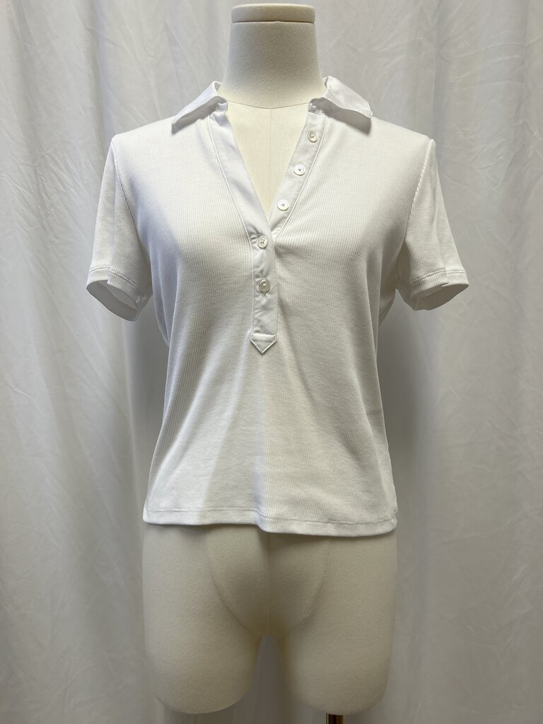 Veronica Beard White Ribbed Polo Top