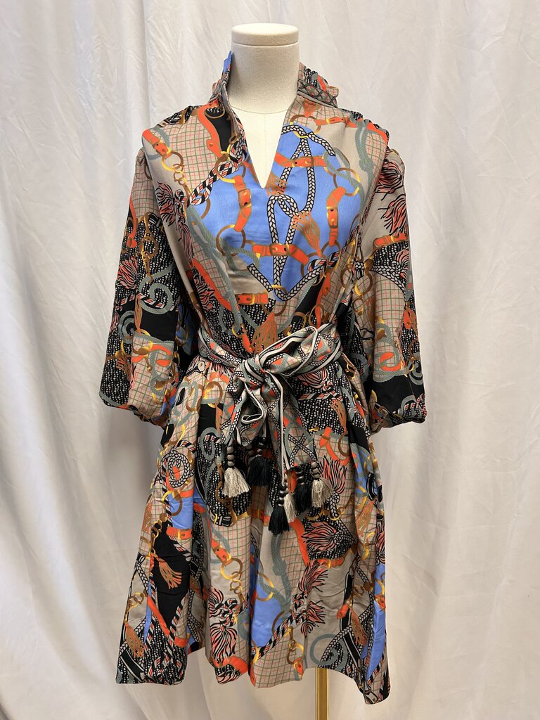 Gretchen Scott Black Tassel Print Belted Dress NWT