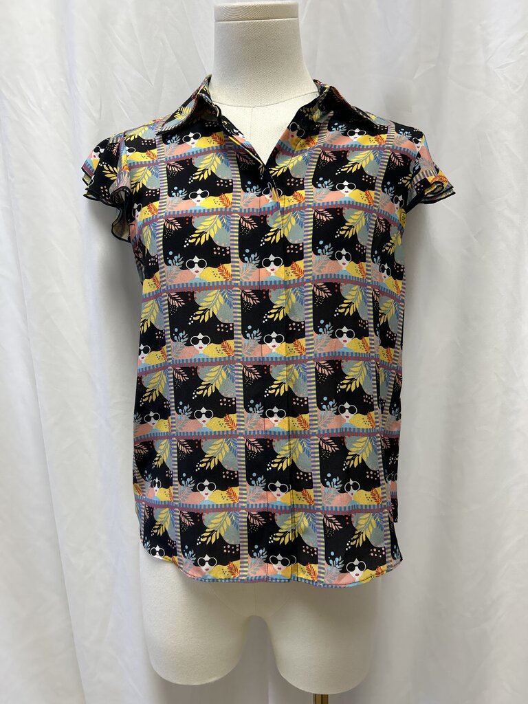 alice + olivia Black Willa Face Flutter Sleeve TOp