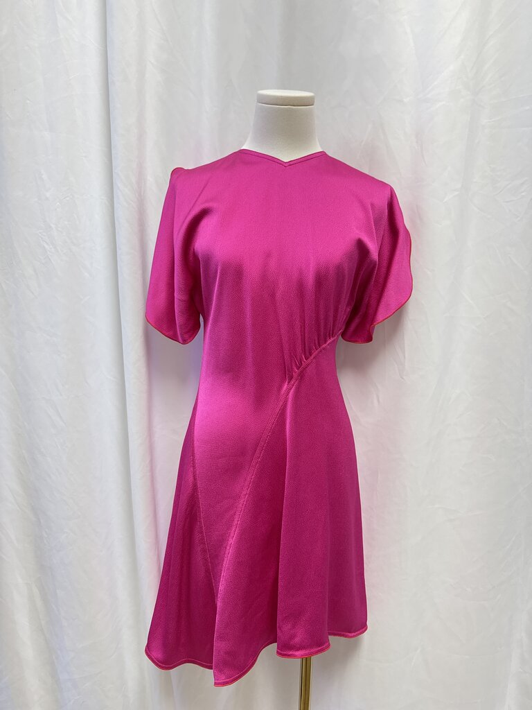 Victoria Beckham Fuchsia Hammered Satin Flutter Sleeve Dress