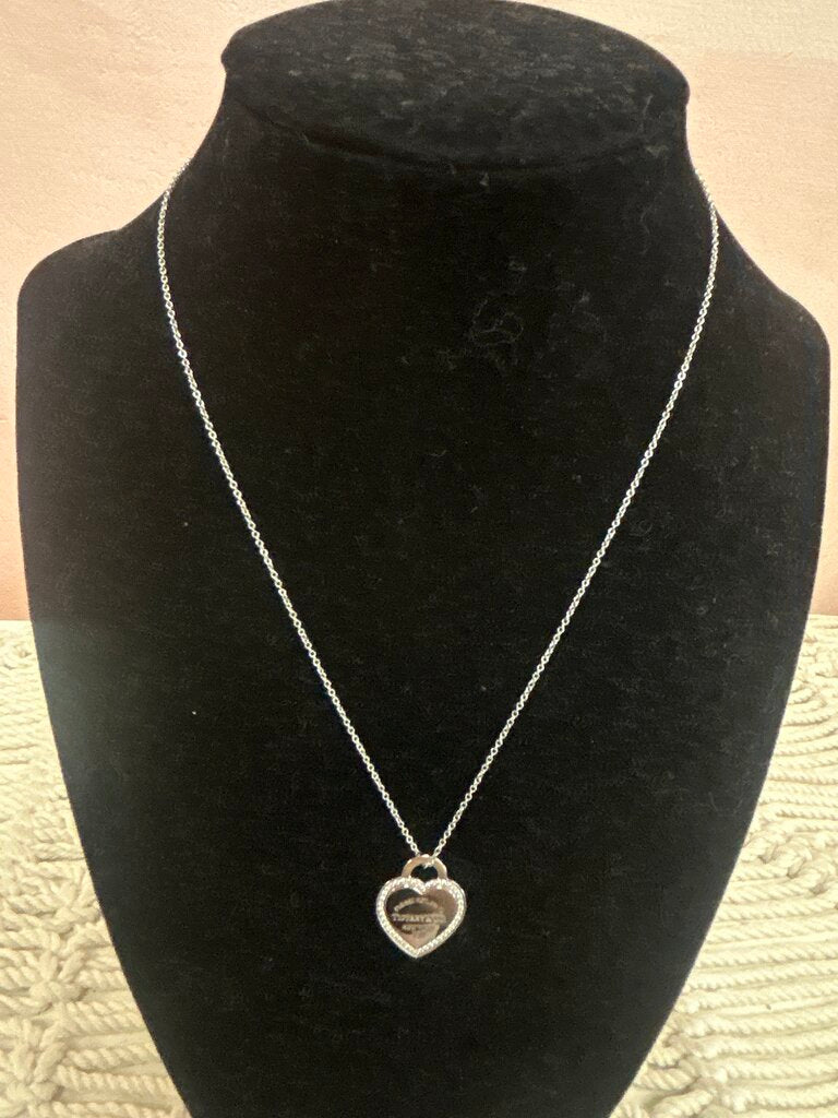 Tiffany & Co. 18K White Gold and Diamond Heart Pendant Necklace w/ Case and Box
