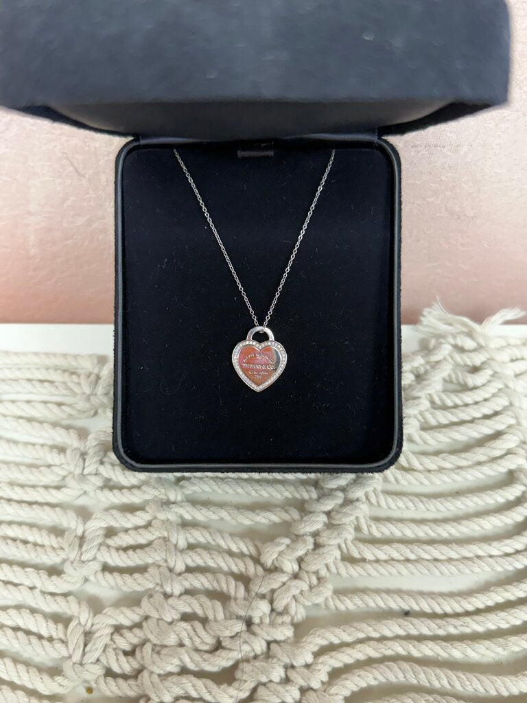 Tiffany & Co. 18K White Gold and Diamond Heart Pendant Necklace w/ Case and Box