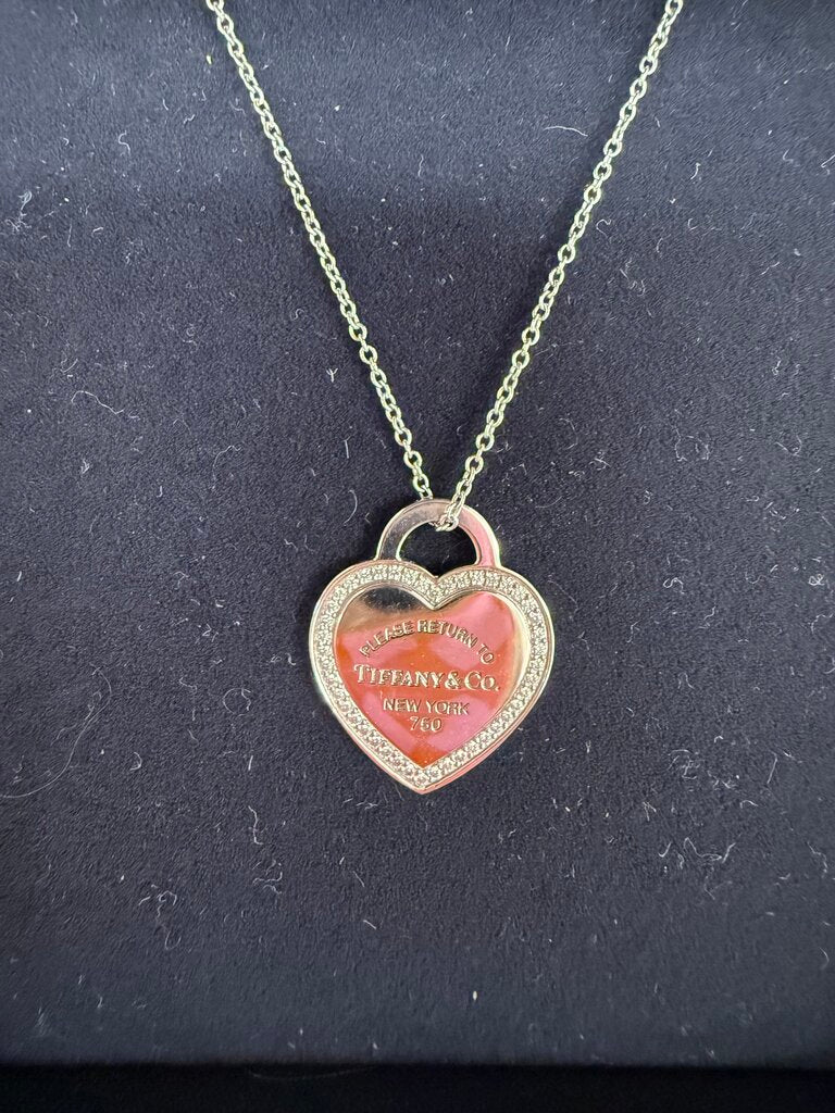 Tiffany & Co. 18K White Gold and Diamond Heart Pendant Necklace w/ Case and Box