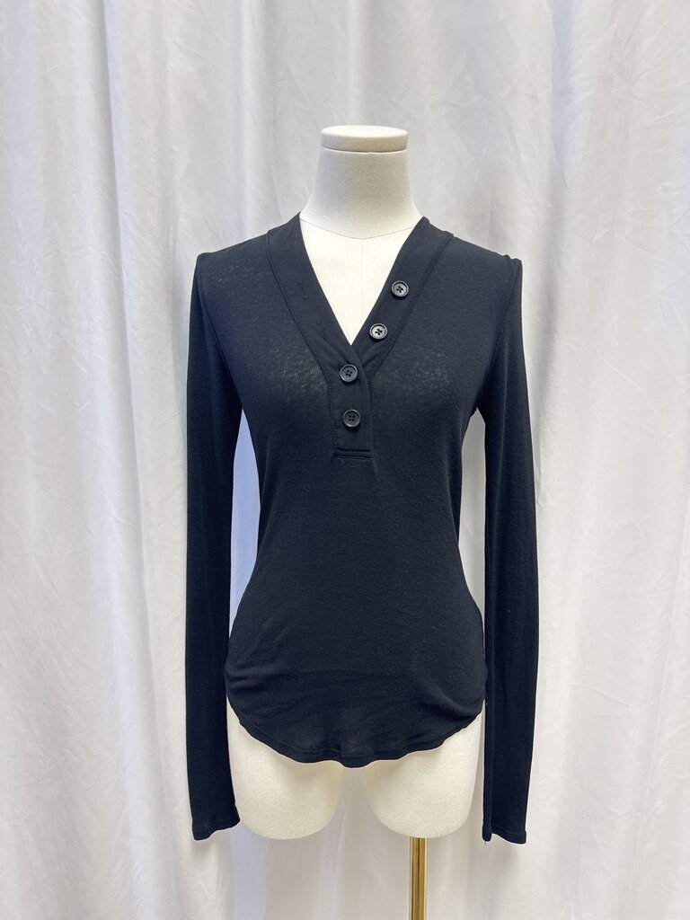 James Perse Black Button V-Neck Tee