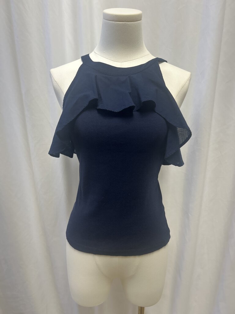 Maeve Navy Ruffle Ribbed Tank