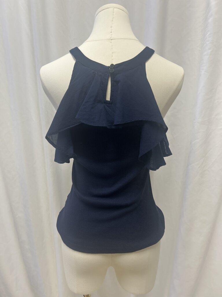 Maeve Navy Ruffle Ribbed Tank
