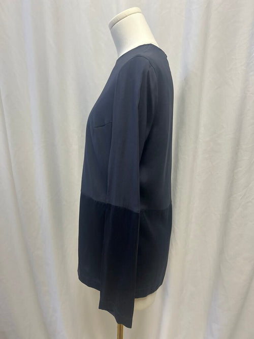 Brunelloo Cucinelli Navy Long Sleeve Silk Crew Top