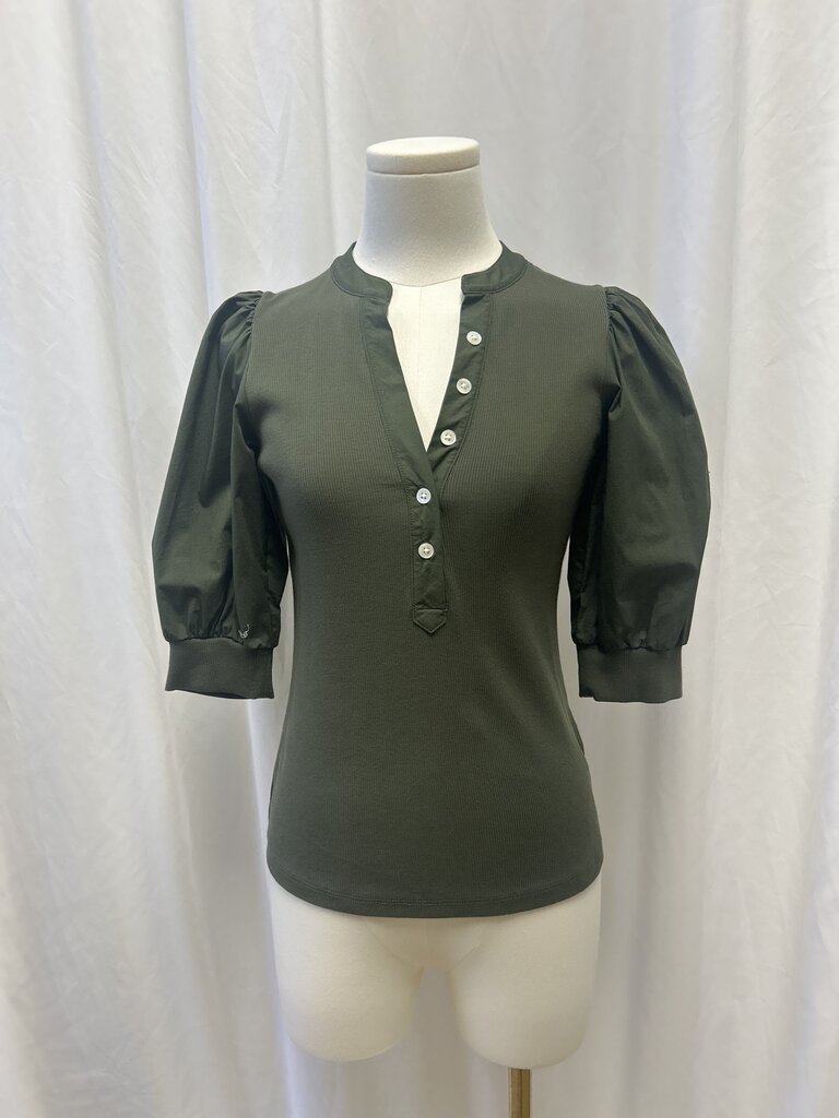 Olive Puff Sleeve Ribbed Top