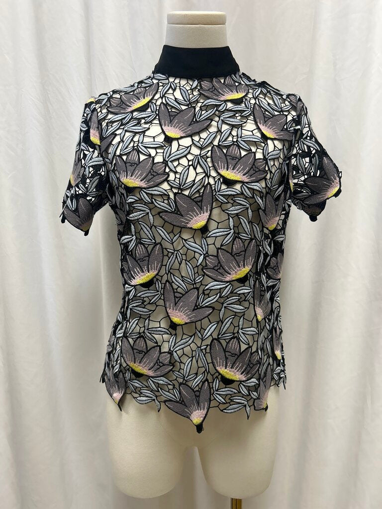 Black Lace Floral Short Sleeve Top