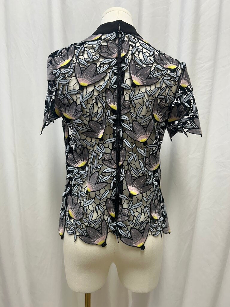 Black Lace Floral Short Sleeve Top