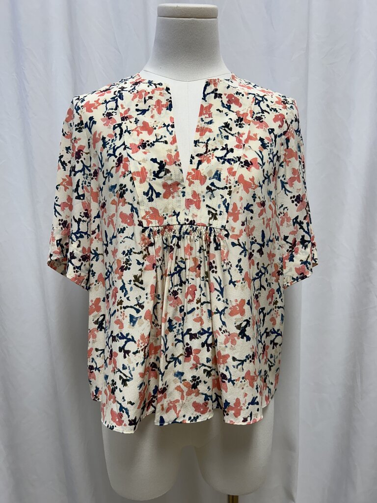 Ulla Johnson Cream Floral Sheer Short Sleeve V-Neck Blouse