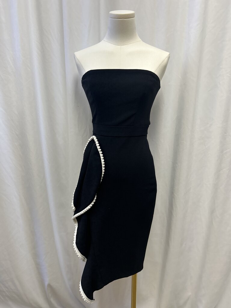 Alexis Black Strapless Dress w/White Pom Trim