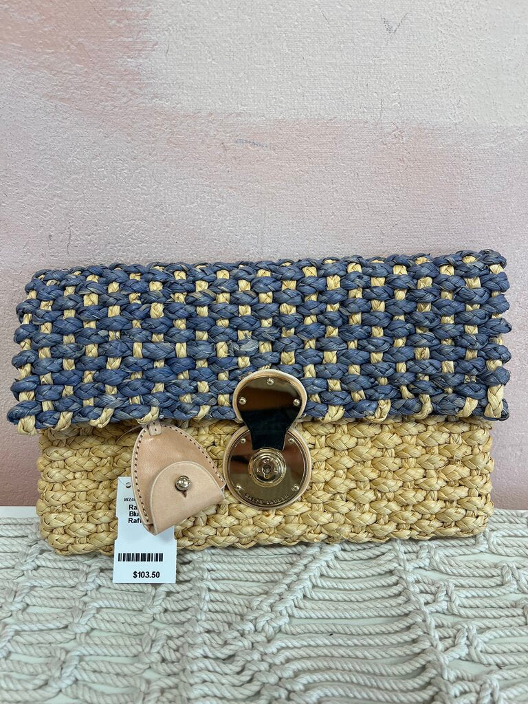 Blue and Tan Raffia Clutch