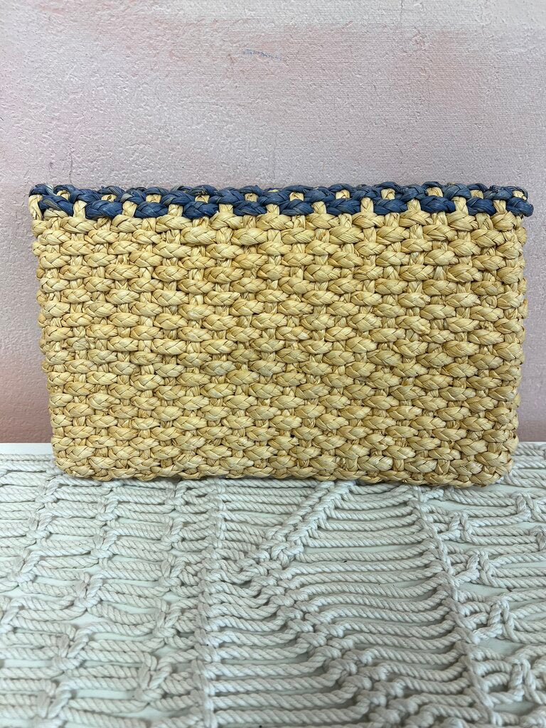 Blue and Tan Raffia Clutch