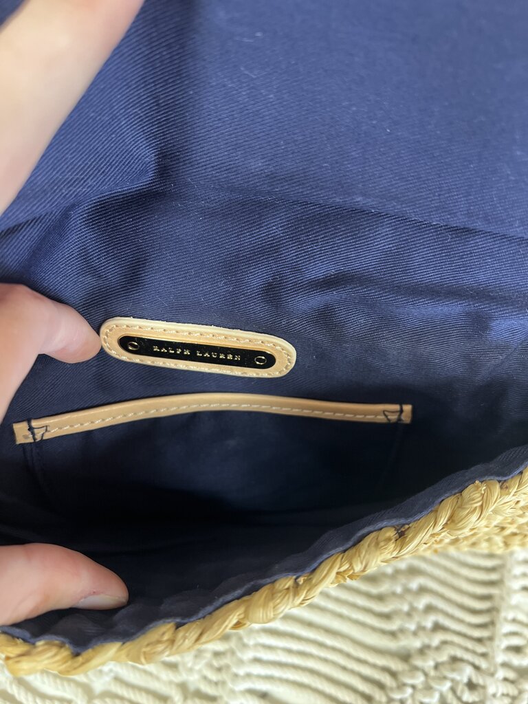 Blue and Tan Raffia Clutch