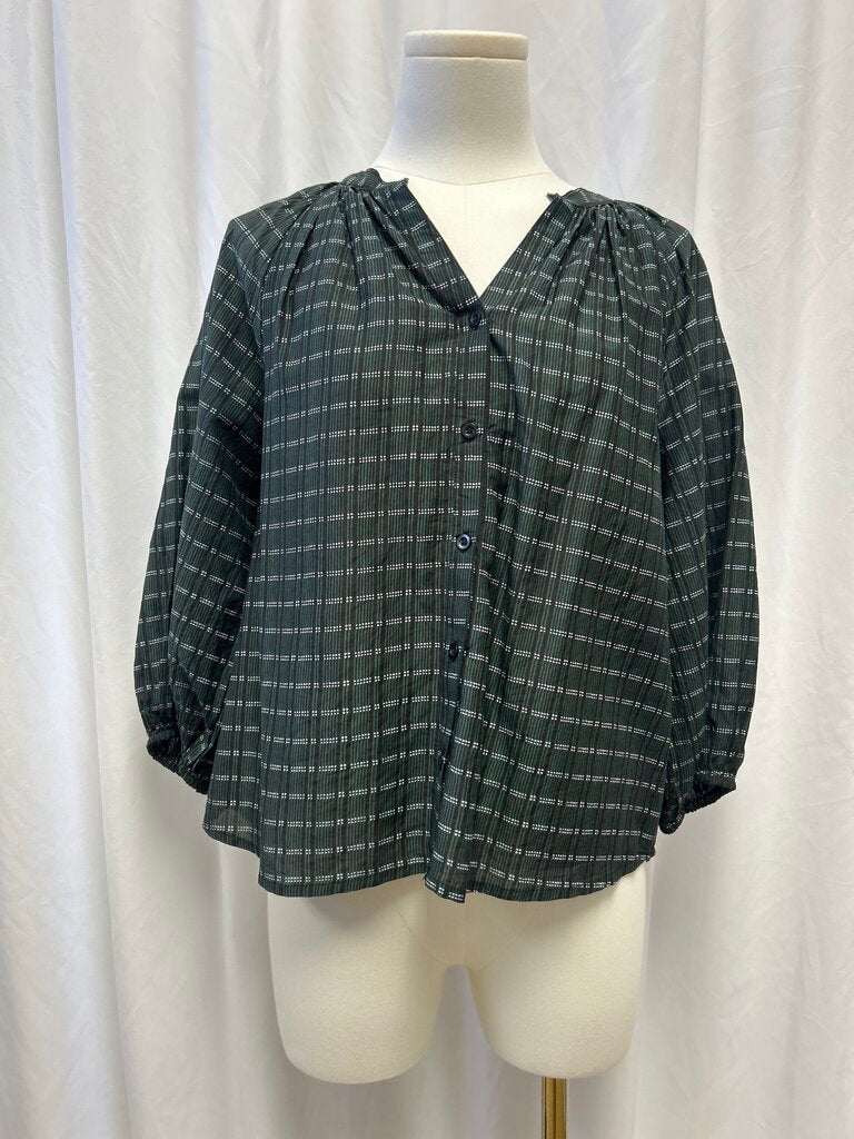 Green Check Puff Sleeve Button Up