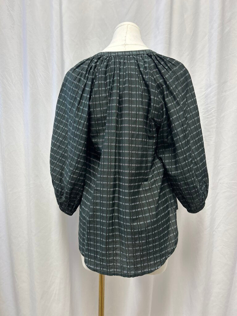 Apiece Apart Green Check Puff Sleeve Button Up