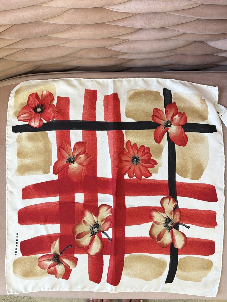 Burberry "Scattered Florals" Check Watercolor Print Silk Scarf