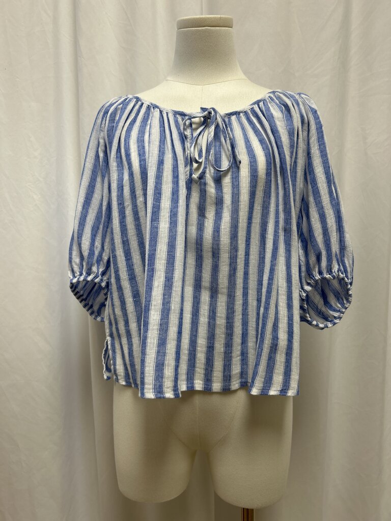 Rails Linen Blend Striped Tie Neck Blouse