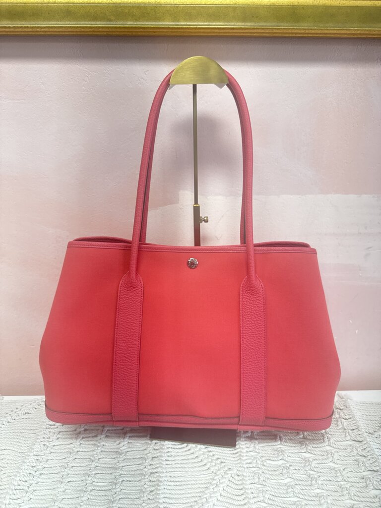 Hermes Red Garden Party Toile and Leather 30 Tote w/ Box/Dust Bag