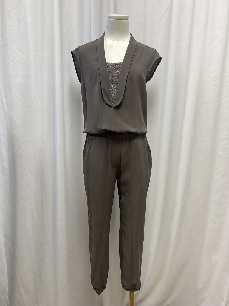 Brunello Cucinelli Brown Silk Plunge Neckline Jumpsuit