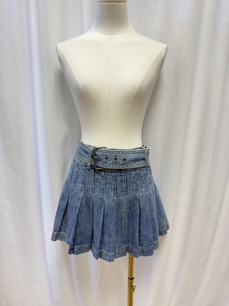 alice + olivia Pleated Denim Mini Skirt w/ Belt