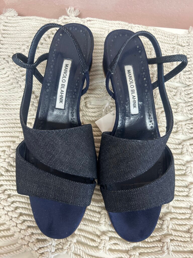 Manolo Blahnik Denim Block Slingback Heels w/Box & Dustbag