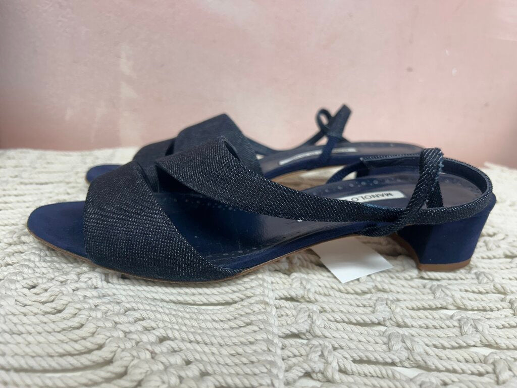 Manolo Blahnik Denim Block Slingback Heels w/Box & Dustbag