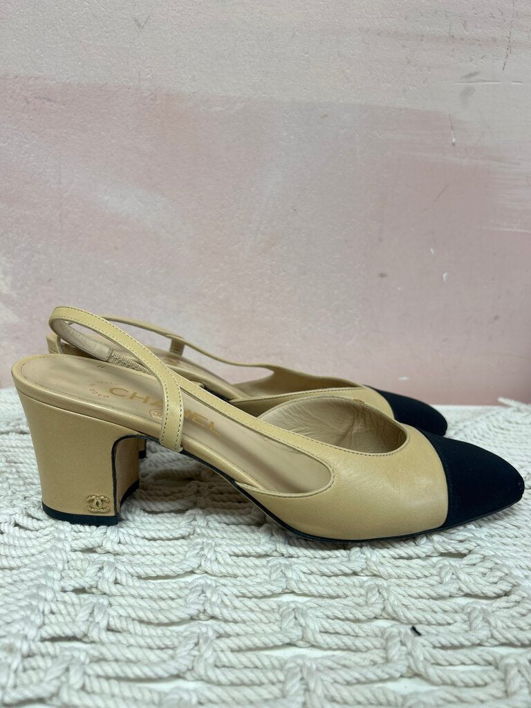 Chanel Goatskin Grosgrain Cap Toe Slingback Heels (AS IS)