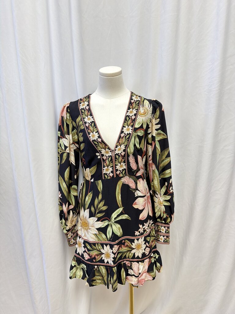 Farm Rio Large Floral Print V-Neck Mini Dress w/ Belt