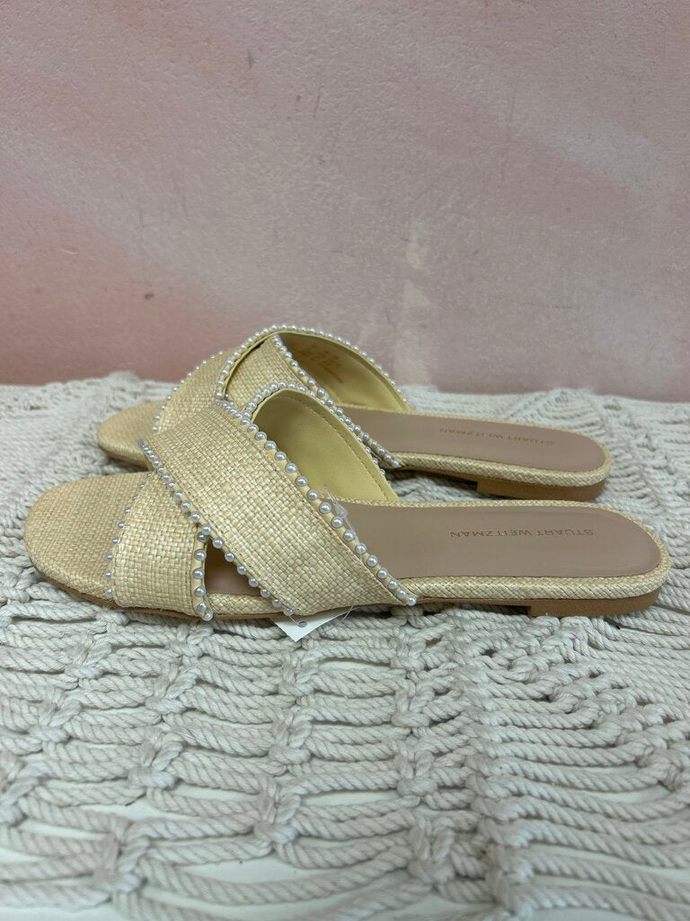 Stuart Weitzman Raffia and Pearl Slide NWT