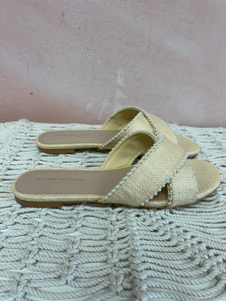 Stuart Weitzman Raffia and Pearl Slide NWT