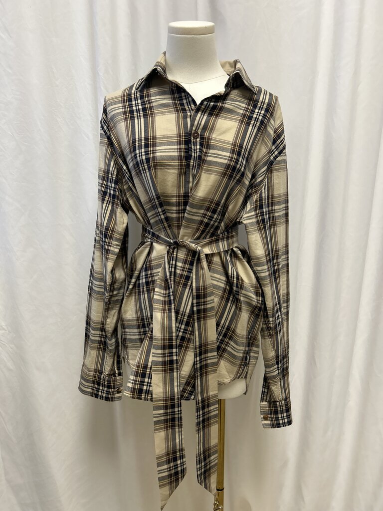 Saint Laurent Tan Plaid Belted Button Up