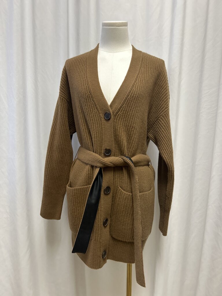 Vince Brown Ribbed Cashmere Belted Cardigan