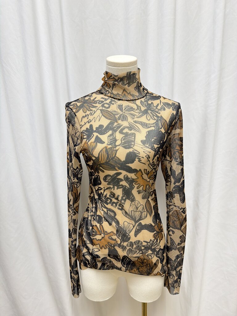 Marc Cain Brown Floral Mesh Mock Neck