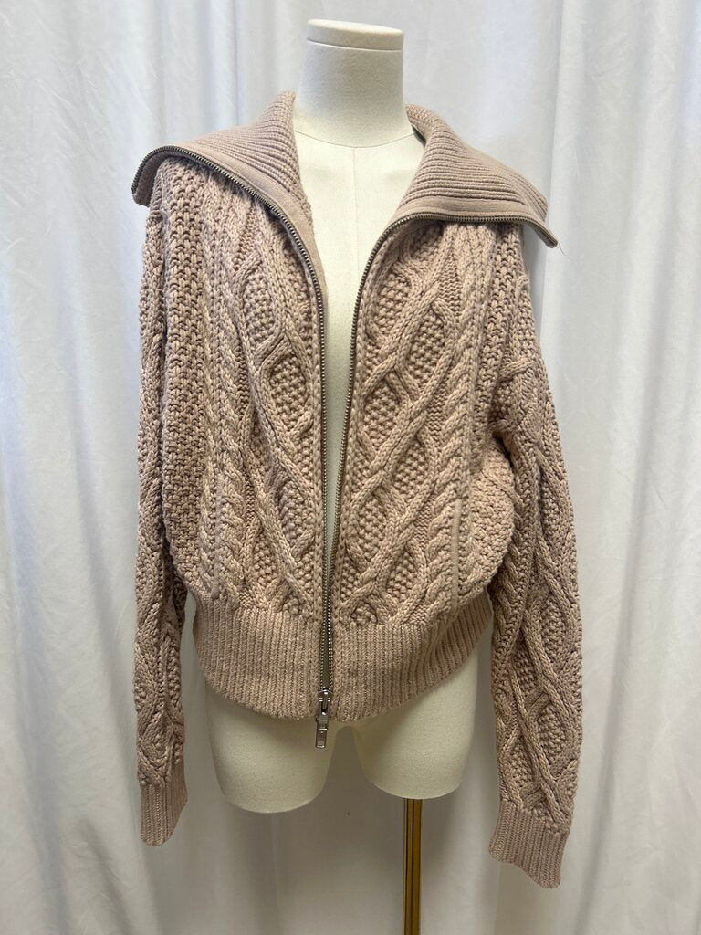 Self Portrait Tan Cable Knit Zip Up Cardigan
