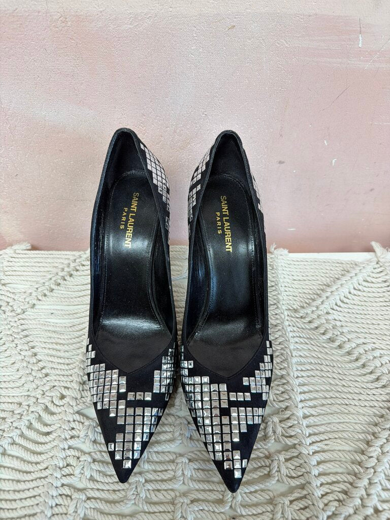 Saint Laurent Embellished Suede Pointed Toe Pump w/ Box