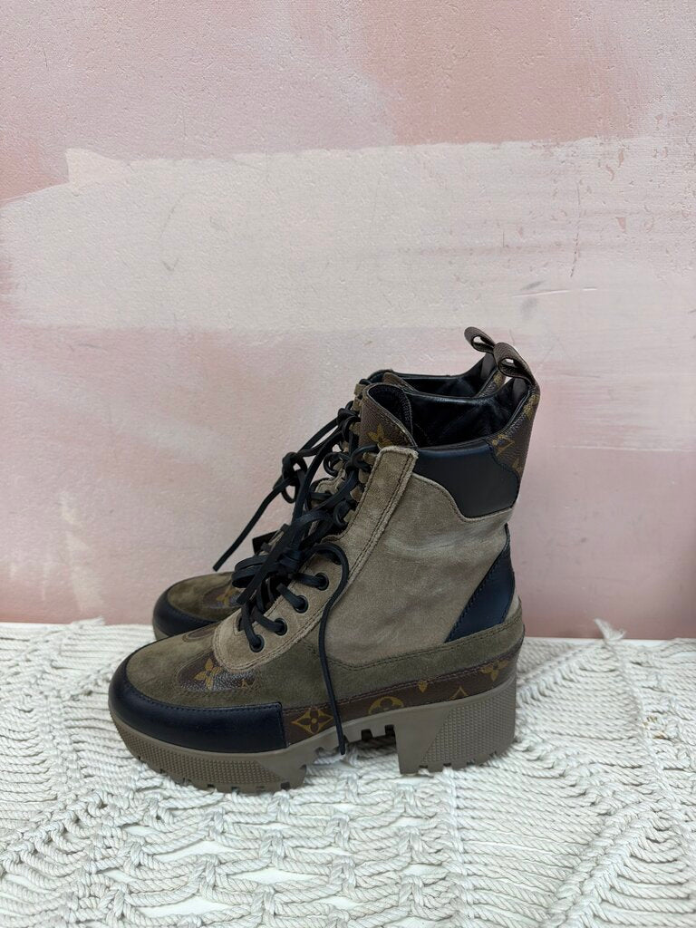 Louis Vuitton Taupe Laureate Platform Combat Boot w/Dustbag