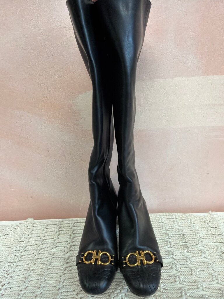 Ferragamo Black Buckle Tall Boot