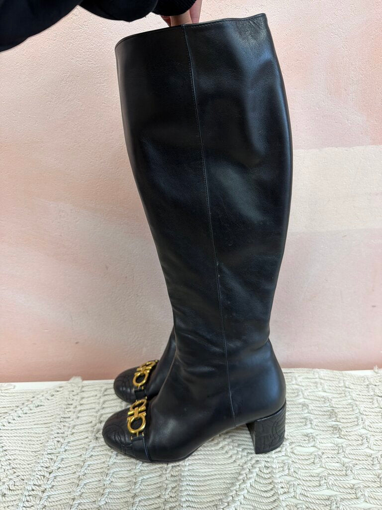 Ferragamo Black Buckle Tall Boot