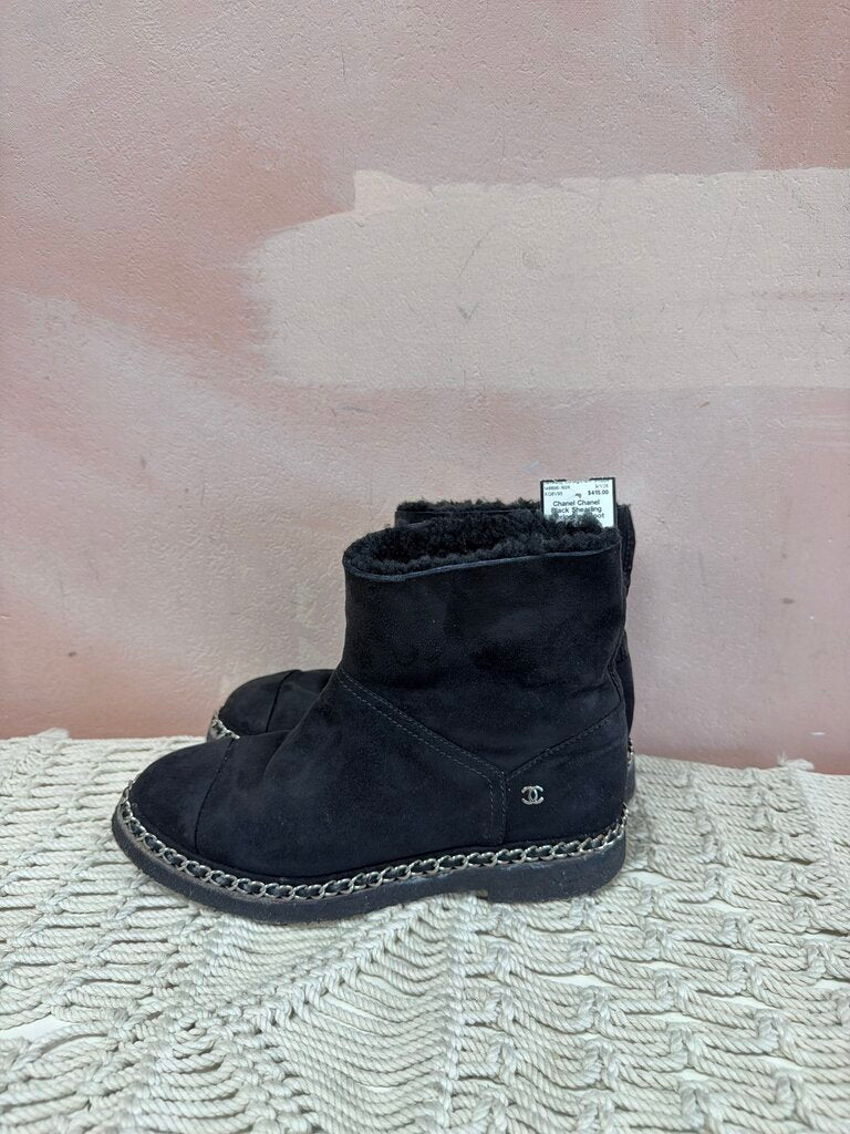Chanel Black Shearling Interlocking Boot