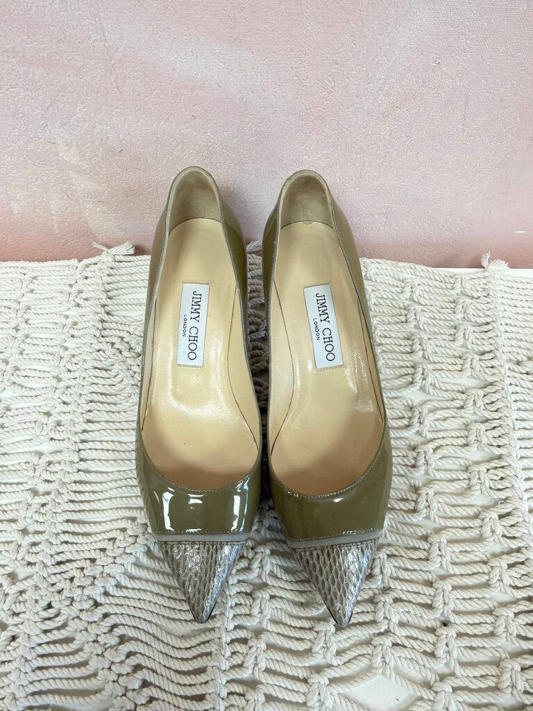 Jimmy Choo Patent Kitten Heel w/ Snake Print Toe