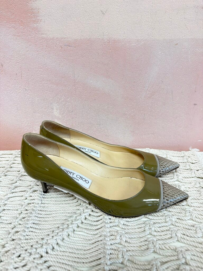 Jimmy Choo Patent Kitten Heel w/ Snake Print Toe