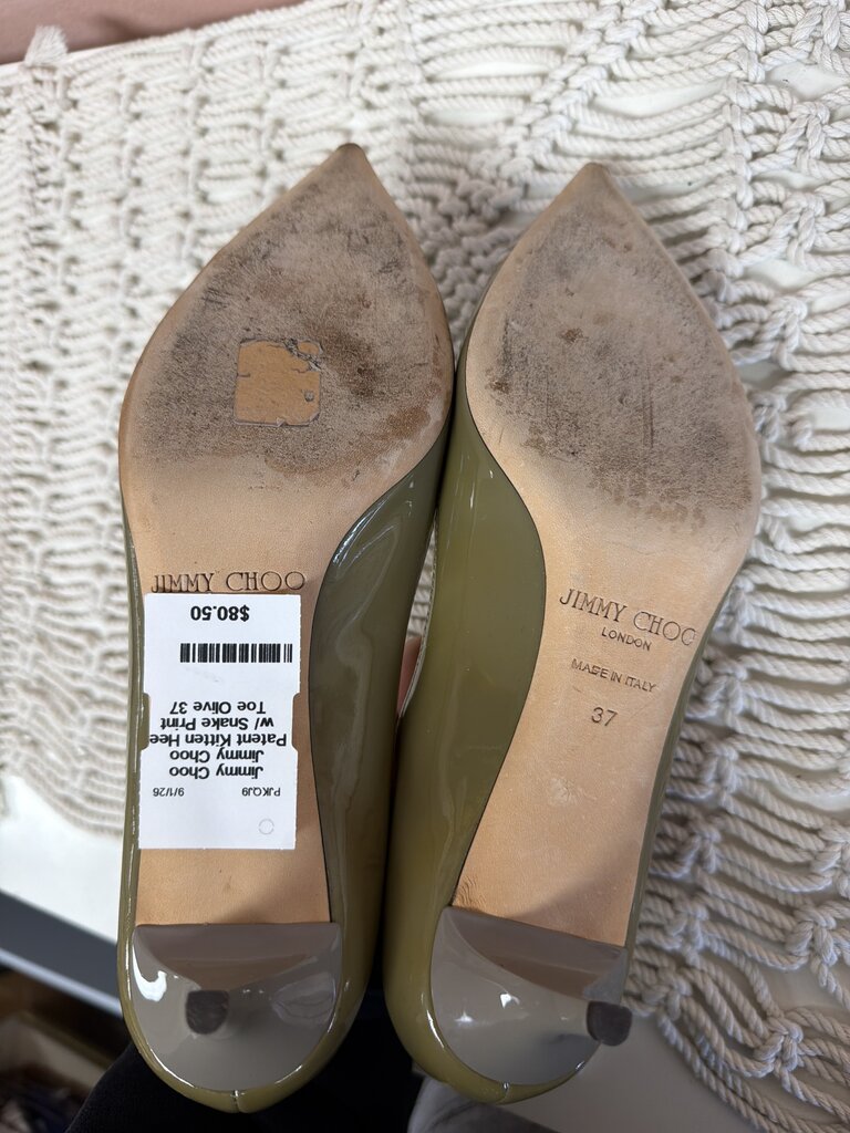 Jimmy Choo Patent Kitten Heel w/ Snake Print Toe