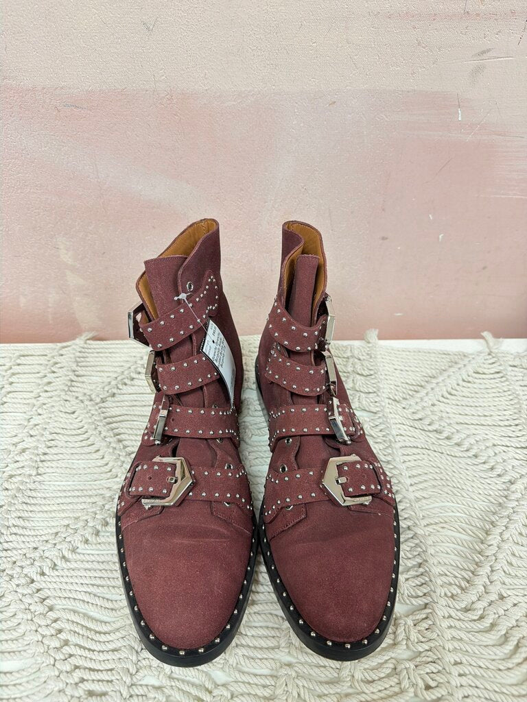 Givenchy Burgundy Suede Studded Buckle Boot