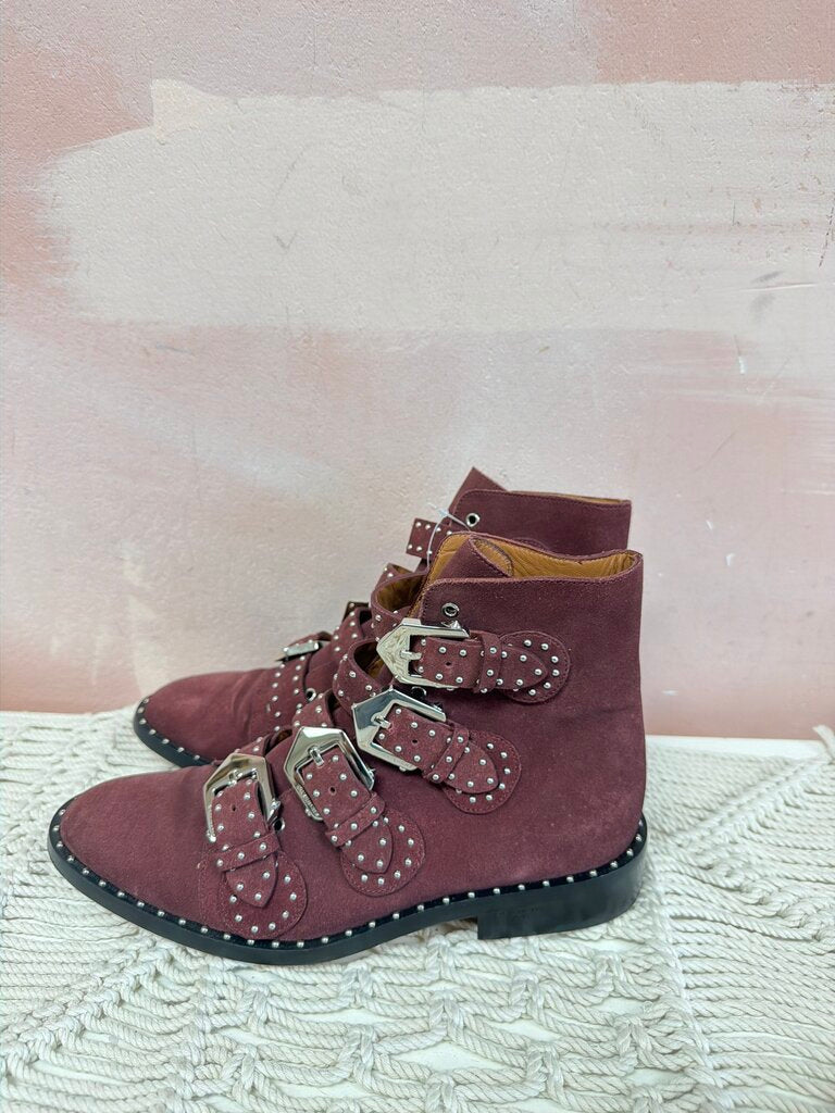 Givenchy Burgundy Suede Studded Buckle Boot