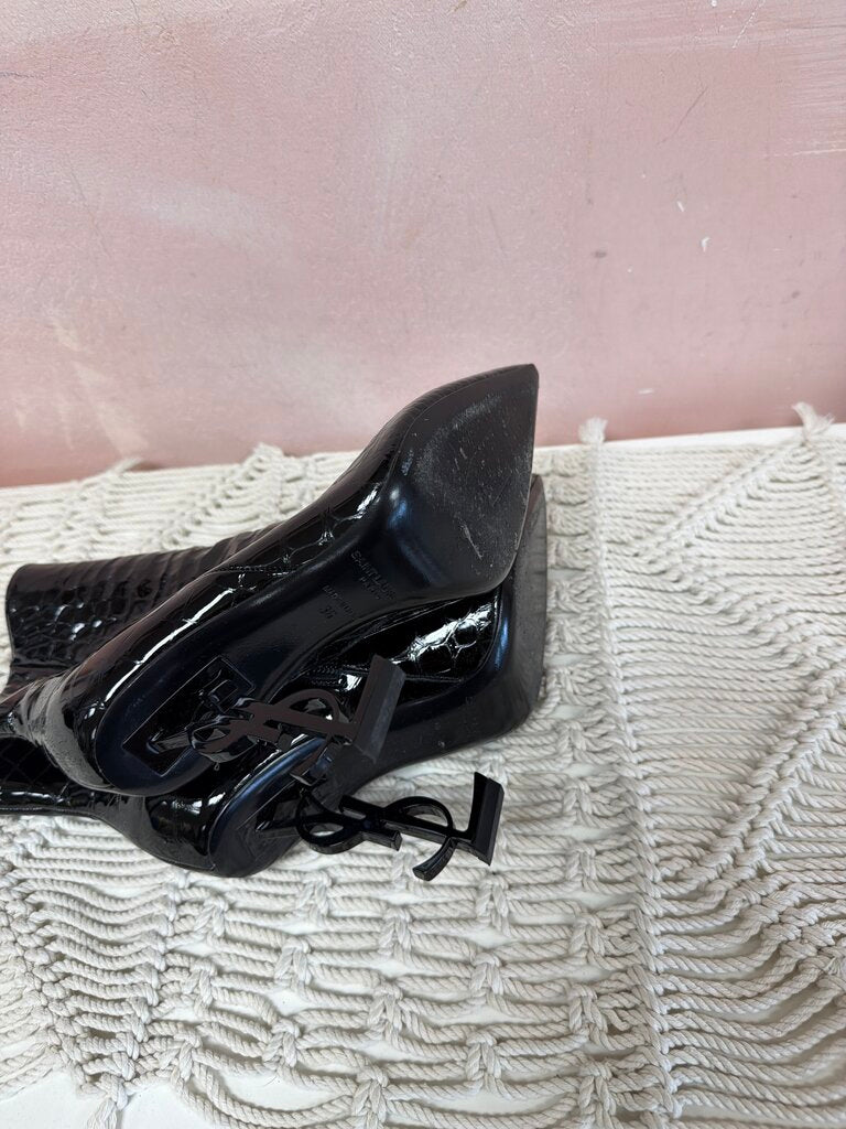 YSL Black Embossed Logo Heel Boot w/Dustbag