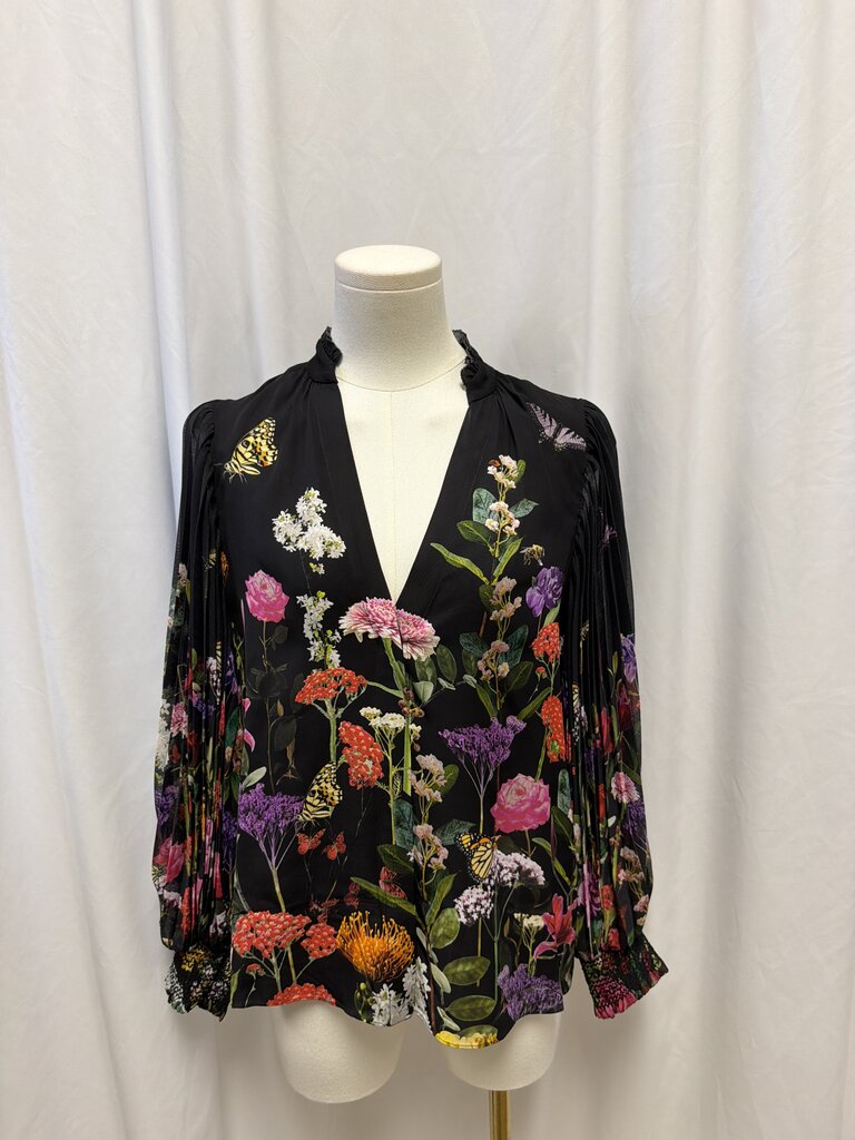 Alice + Olivia Black Floral V Neck Blouse