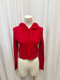 Minnie Rose Red Cropped Cotton Cable Hooded Sweater NWT