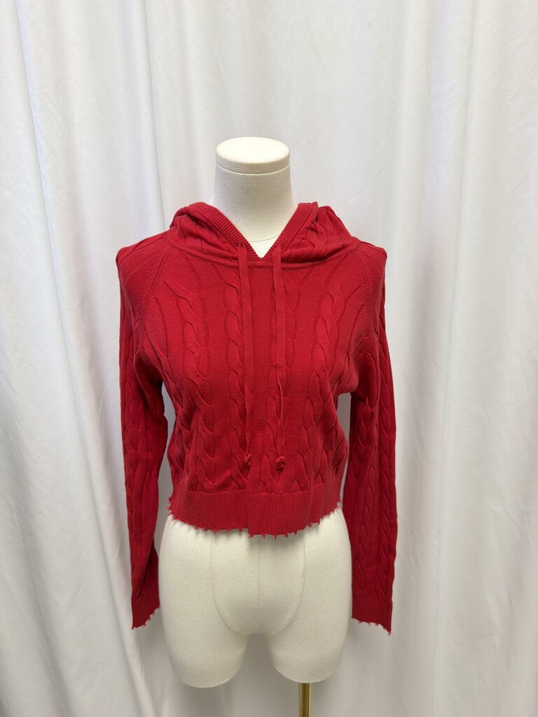 Minnie Rose Red Cropped Cotton Cable Hooded Sweater NWT